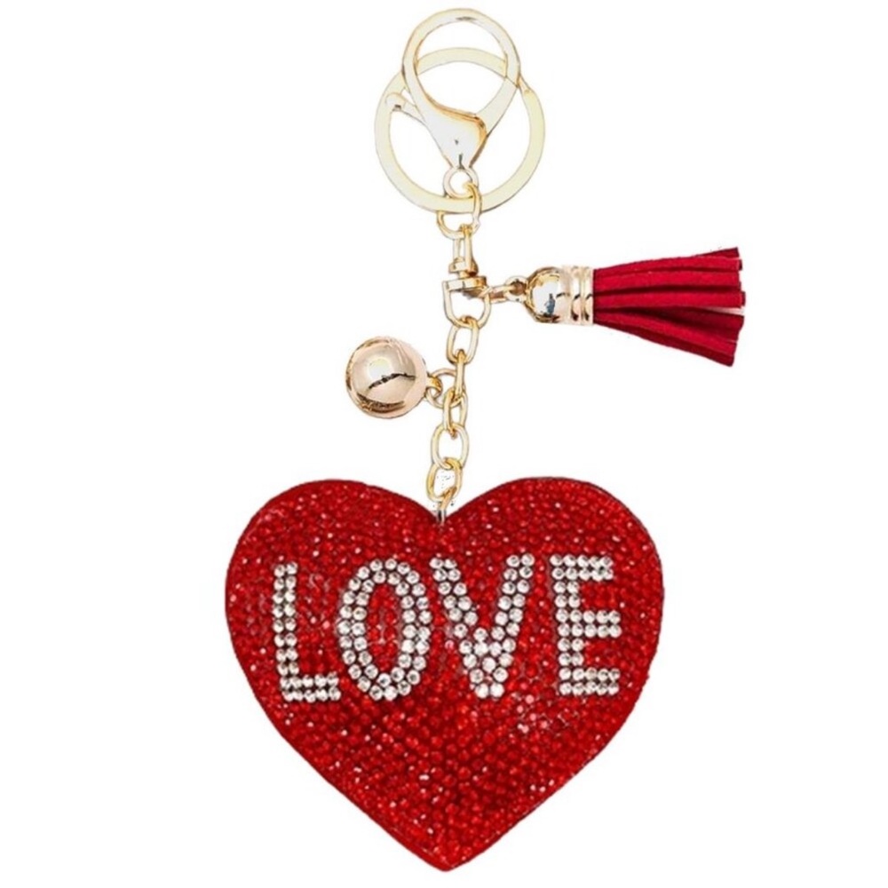 NWT rhinestone LOVE heart puffy keychain purse charm vegan leather